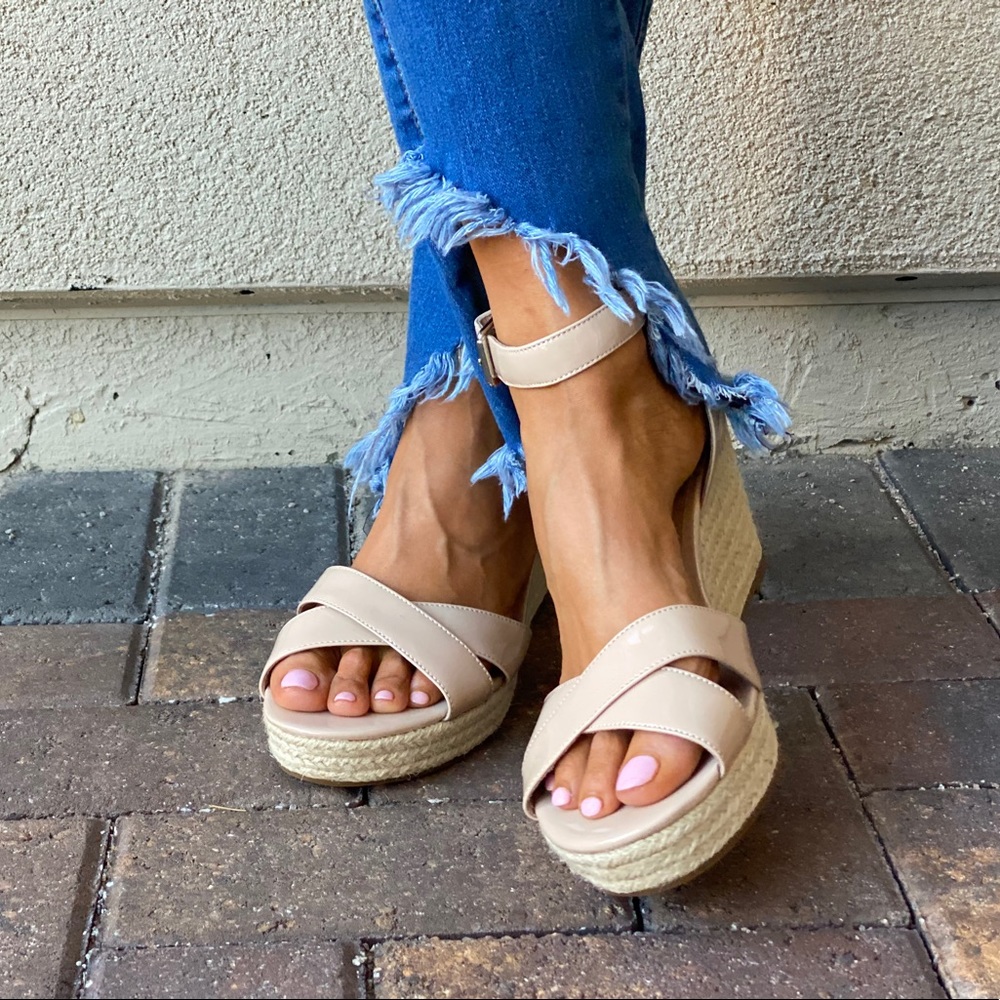 Nude Patent Leather Espadrille Platform Wedge - Picture 3 of 8